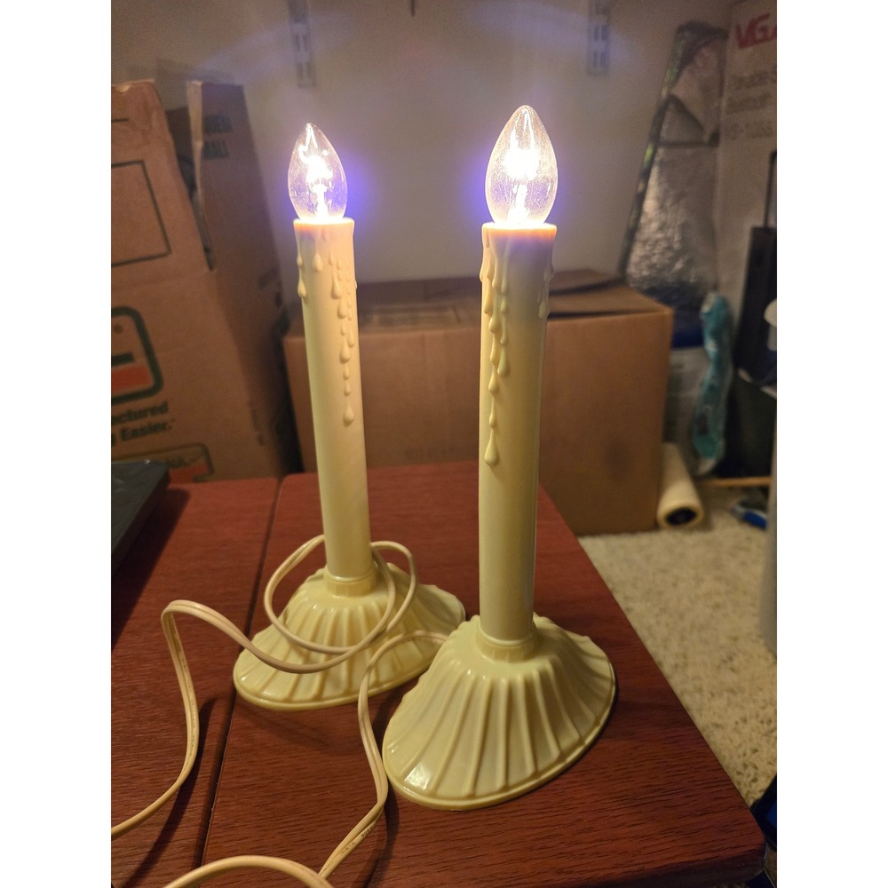 Vintage Electric Window Candles Pair Ivory Plastic Dripping Wax Christmas Decor